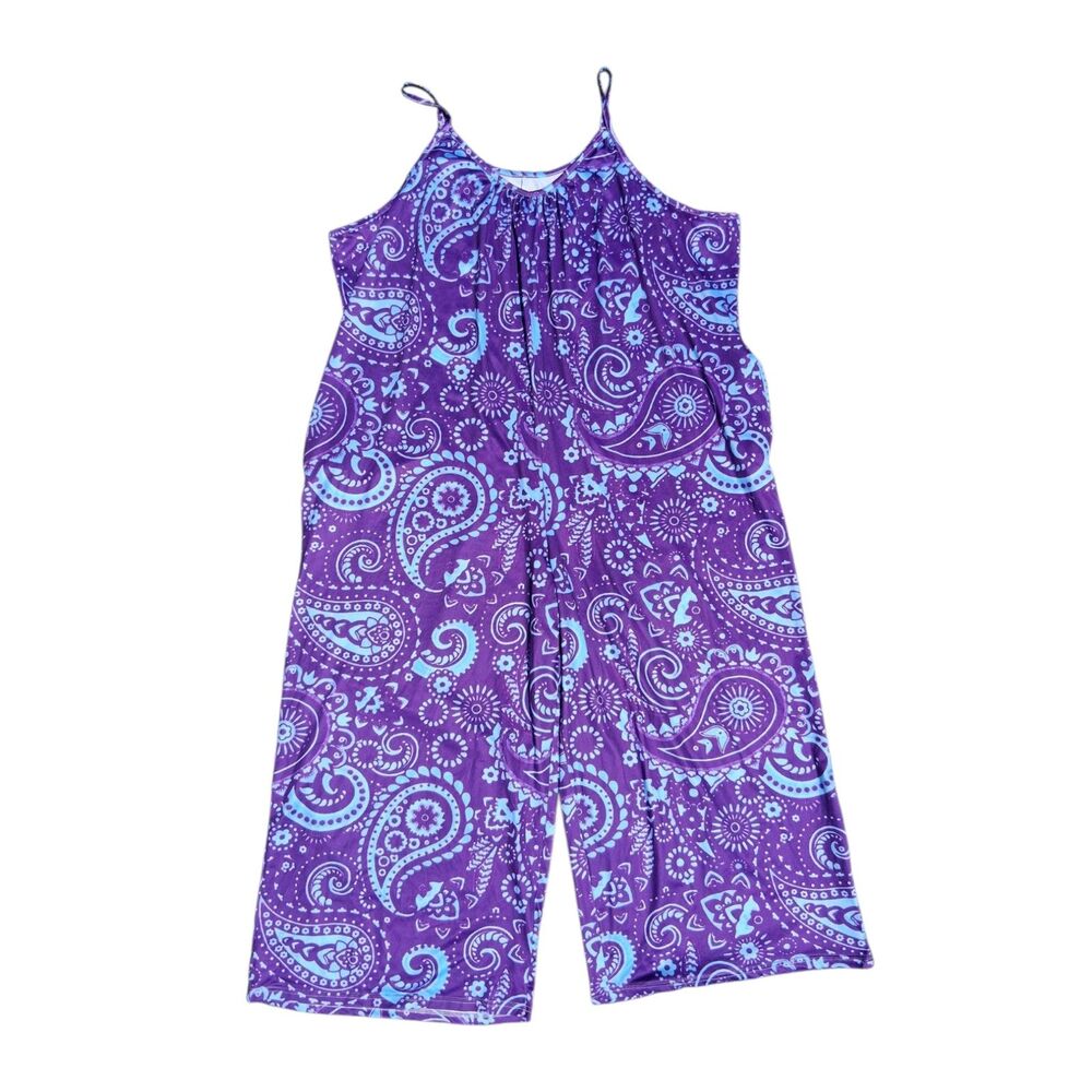 Women’s Plus Size 3X Purple & Aqua Paisley Wide-Leg Jumpsuit